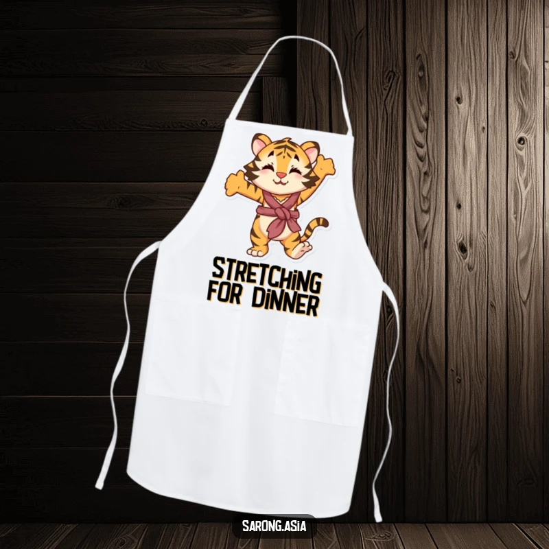 Funny apron featuring a playful tiger in a sarong, stretching, ideal for a humorous and practical kitchen accessory.