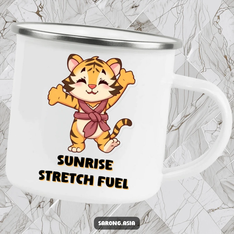 Funny camping mug featuring a playful tiger in a sarong, stretching, ideal for outdoor fun and wild humor.