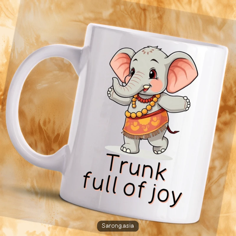 Funny mug featuring a cute elephant in a colorful sarong, joyfully dancing, perfect for a cheerful and humorous gift.