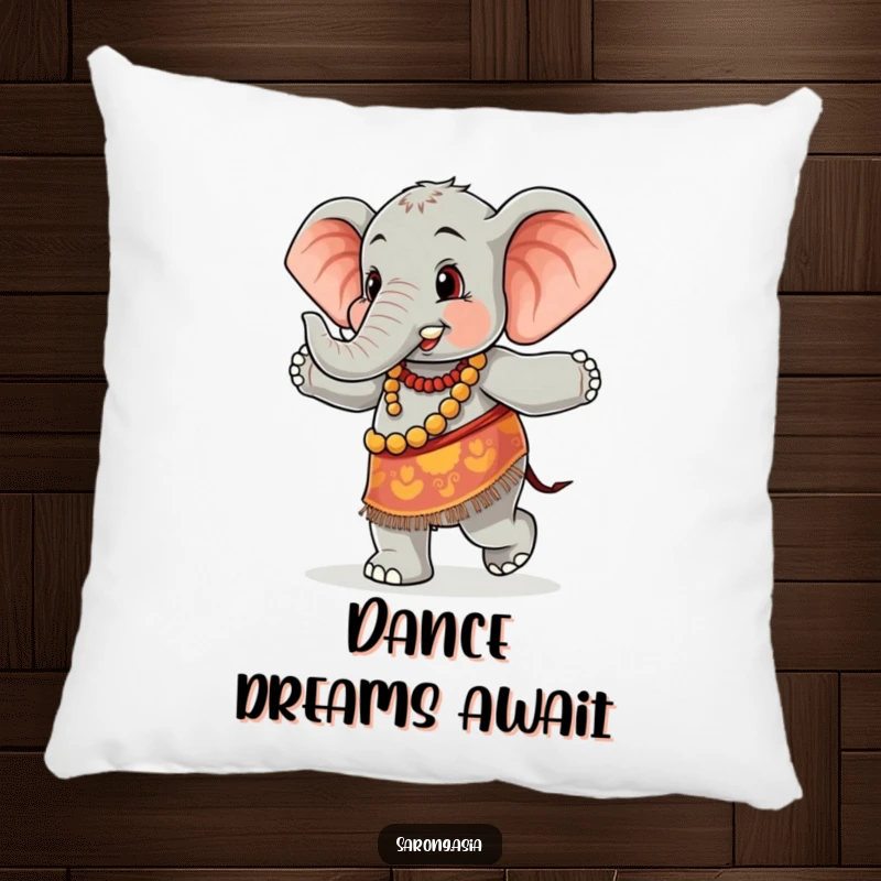 Funny pillow with a cute elephant in a colorful sarong, joyfully dancing, for a humorous and cozy feel.