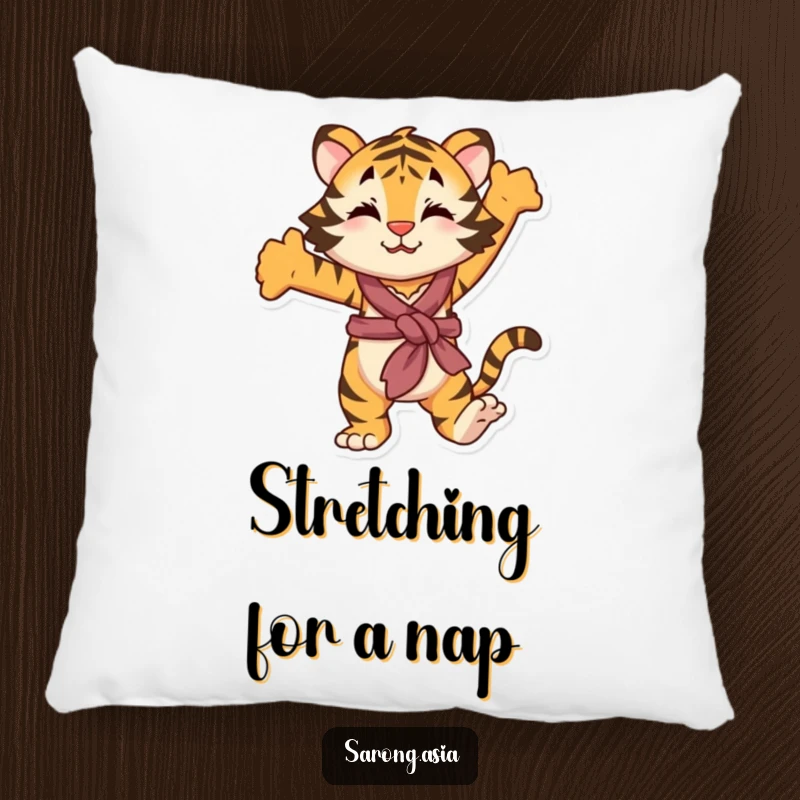 Funny pillow with a playful tiger in a sarong, stretching, for a humorous and cozy feel.