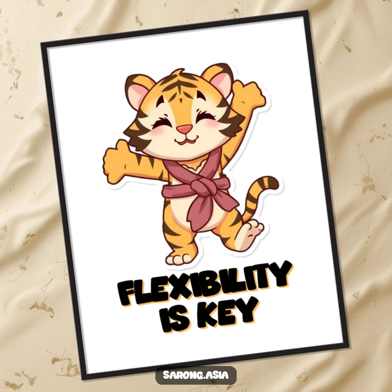 Funny digital art print of a playful tiger in a sarong, stretching, perfect for humorous and wild wall decor.