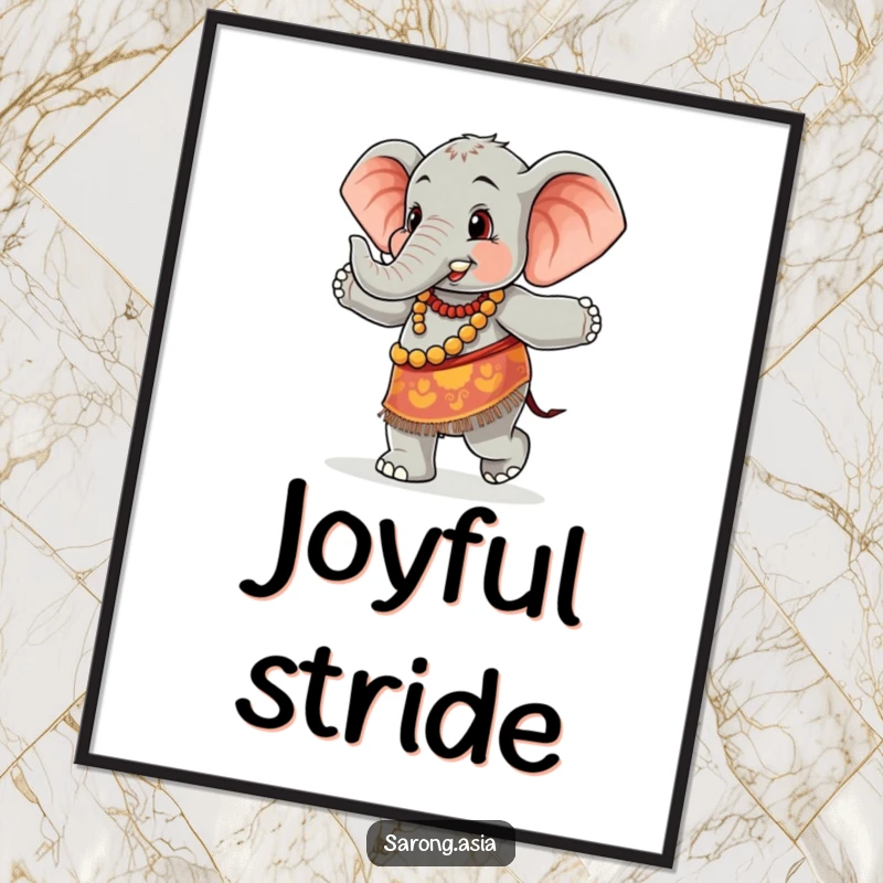 Funny digital art print of a cute elephant in a colorful sarong, joyfully dancing, perfect for humorous and vibrant wall decor.