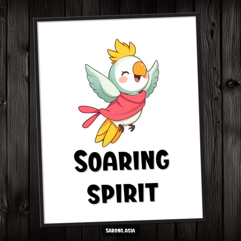Funny digital art print of a cheerful parrot in a bright sarong, taking flight, perfect for humorous and tropical wall decor.