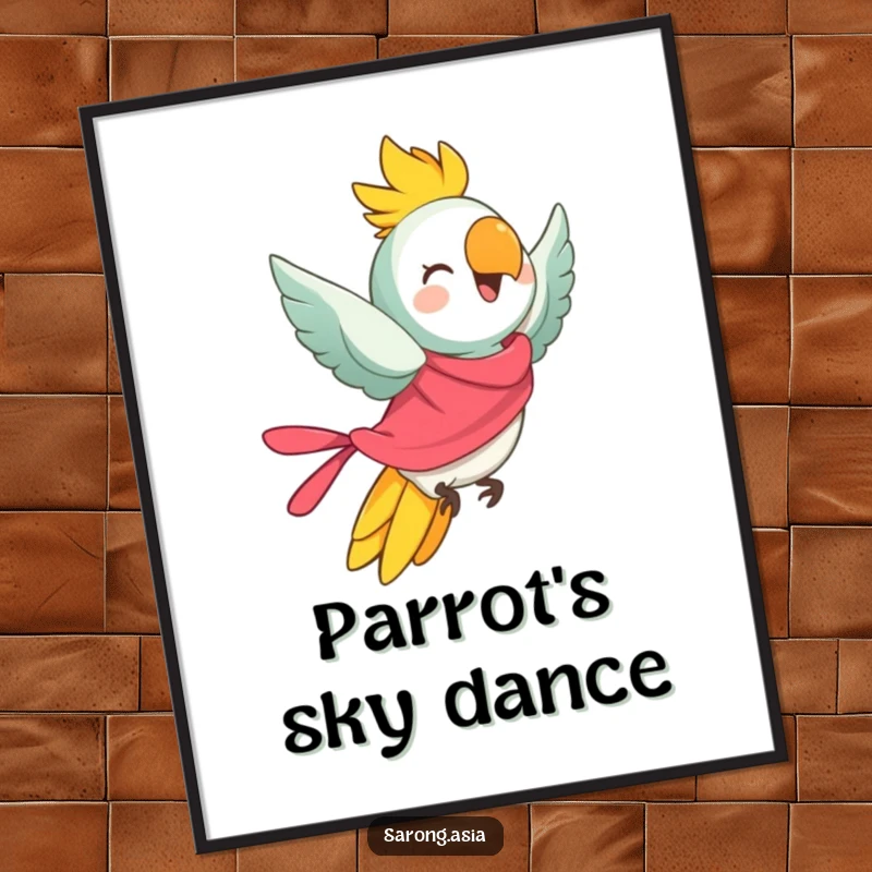 Funny poster showcasing a cheerful parrot in a bright sarong, taking flight, perfect for humorous and tropical wall decor.