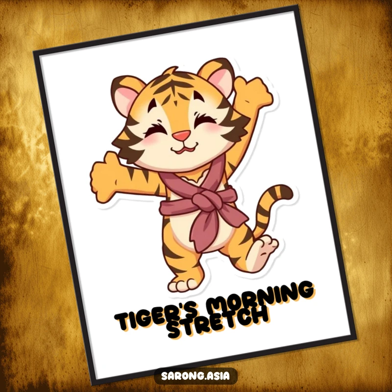 Funny poster showcasing a playful tiger in a sarong, stretching, perfect for humorous and wild wall decor.