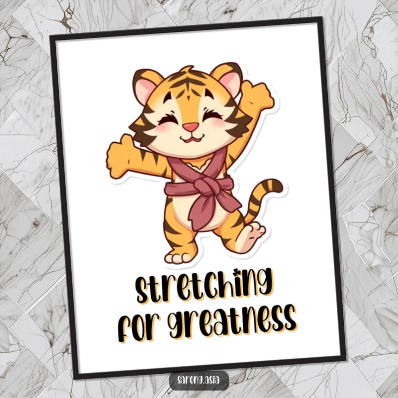 Funny Free Printable Wall Art: Playful anthropomorphic tiger with sarong tied around waist, stretching, decor.