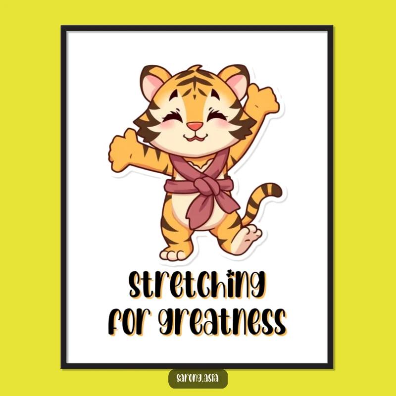 Free Printable Stretching Tiger Wall Art - Playful Sarong Animal Downloadable Decor