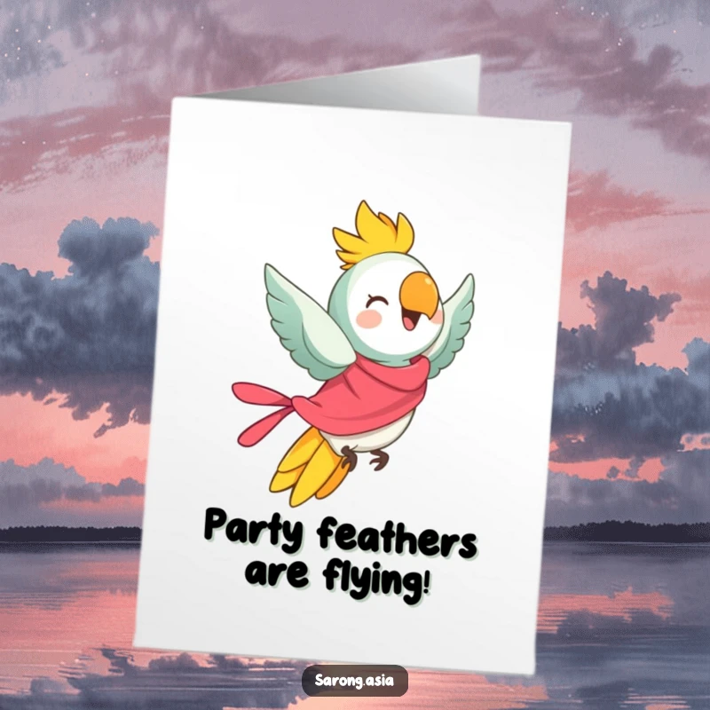 Funny Free Printable Birthday Card: Cheerful parrot in bright sarong taking flight, downloadable gift.