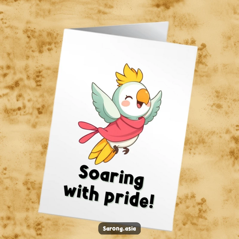 Funny Free Printable Congrats Card: Anthropomorphic parrot in bright sarong taking flight, downloadable gift.