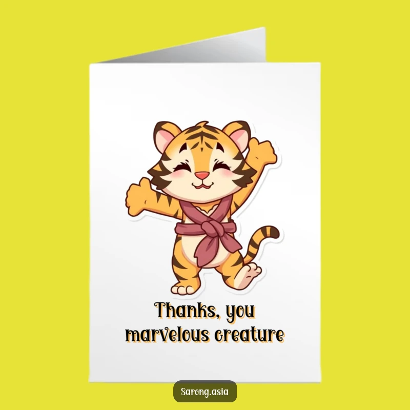 Free Printable Stretching Tiger Thank You Card - Playful Sarong Animal Downloadable Gift
