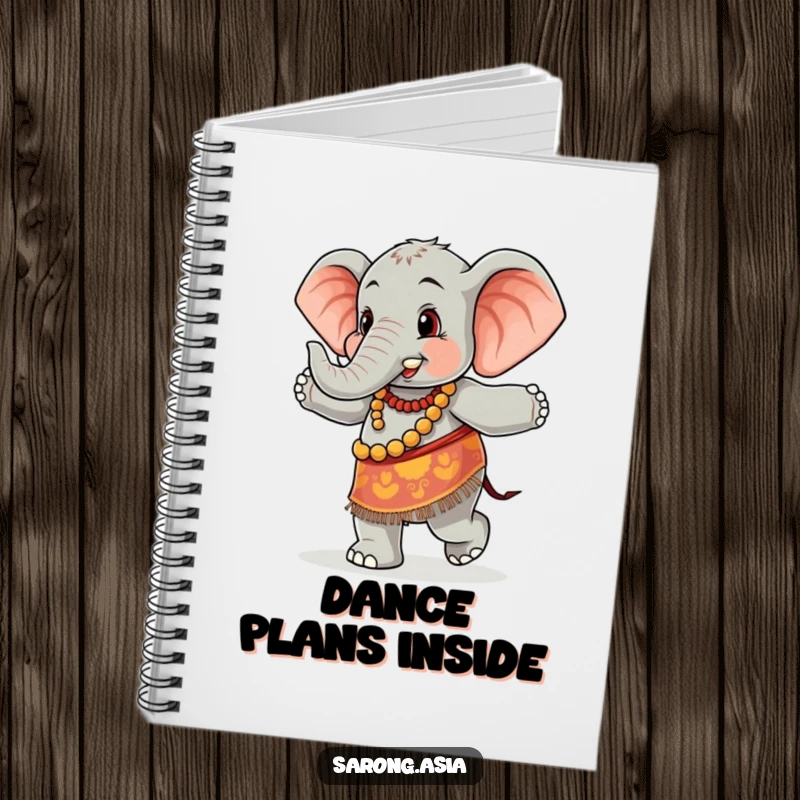 Funny notebook with a cute elephant in a colorful sarong, joyfully dancing, perfect for journaling with humor and rhythm.