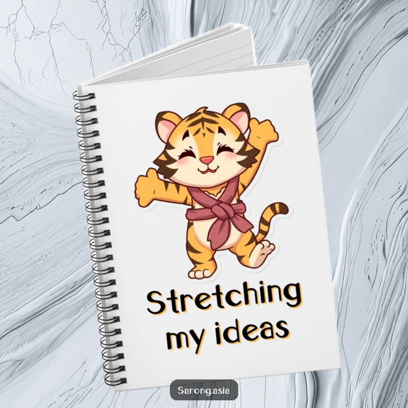 Funny notebook with a playful tiger in a sarong, stretching, perfect for journaling with humor and wildness.