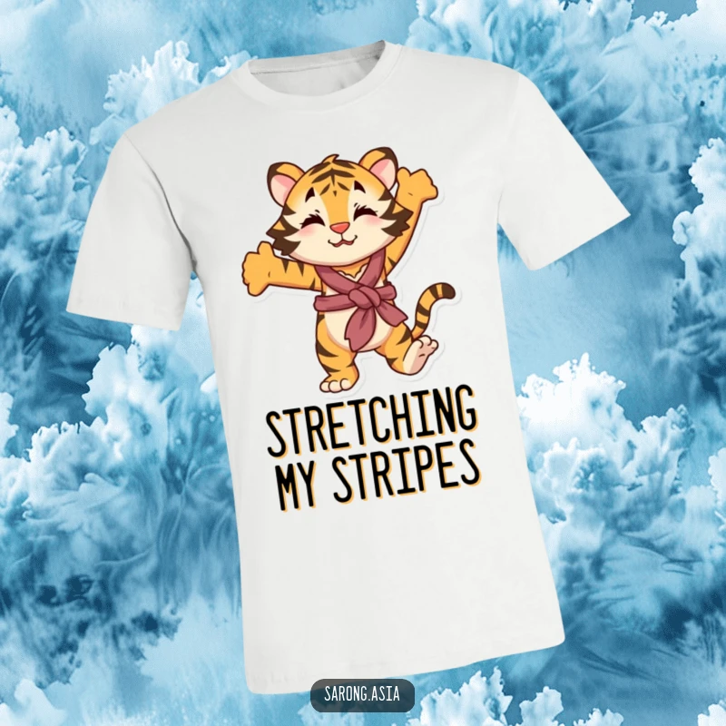 Funny t-shirt with a playful anthropomorphic tiger wearing a sarong tied around its waist, stretching, ideal for a humorous and relaxed present.