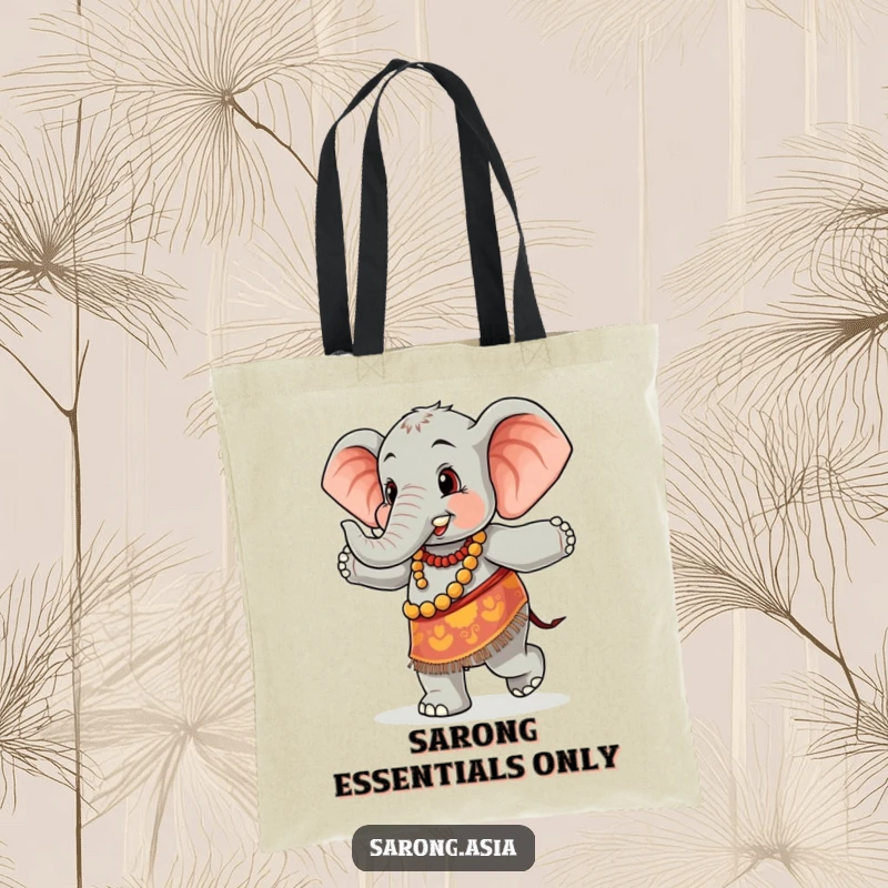 Funny tote bag featuring a cute elephant in a colorful sarong, joyfully dancing, a charming and humorous accessory for carrying joy.