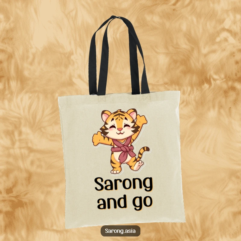 Funny tote bag featuring a playful tiger in a sarong, stretching, a charming and humorous accessory for carrying essentials.